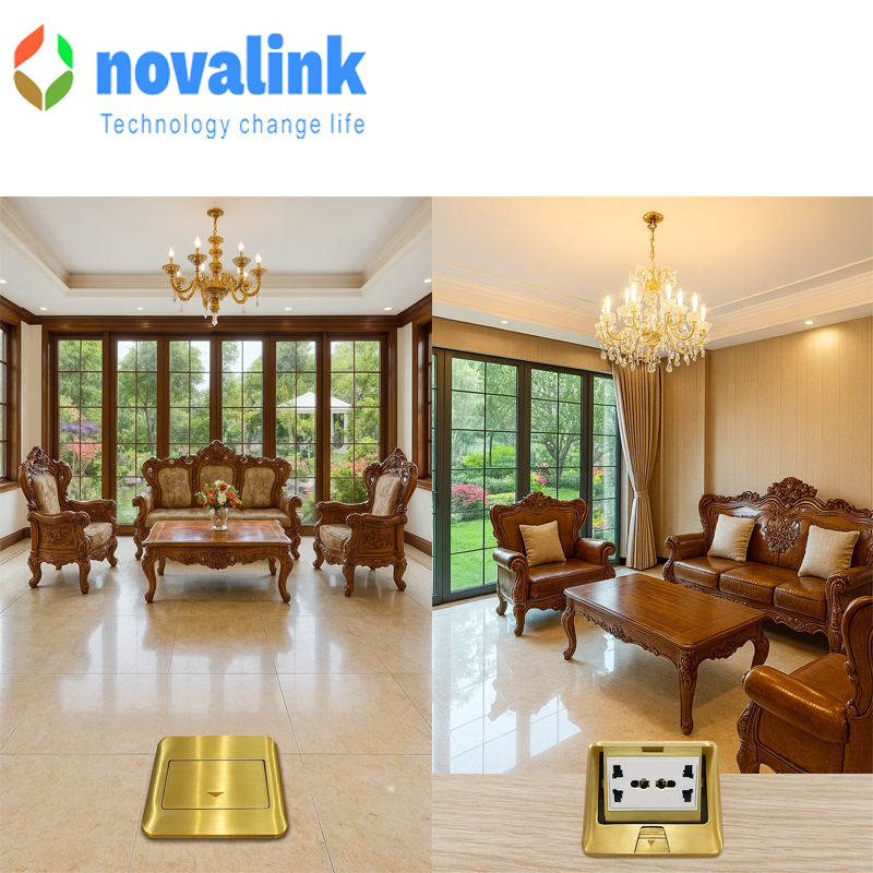 Ổ cắm &acirc;m s&agrave;n điện đa năng chất liệu Đồng ch&iacute;nh h&atilde;ng Novalink M&atilde; NV-FS3B cao cấp